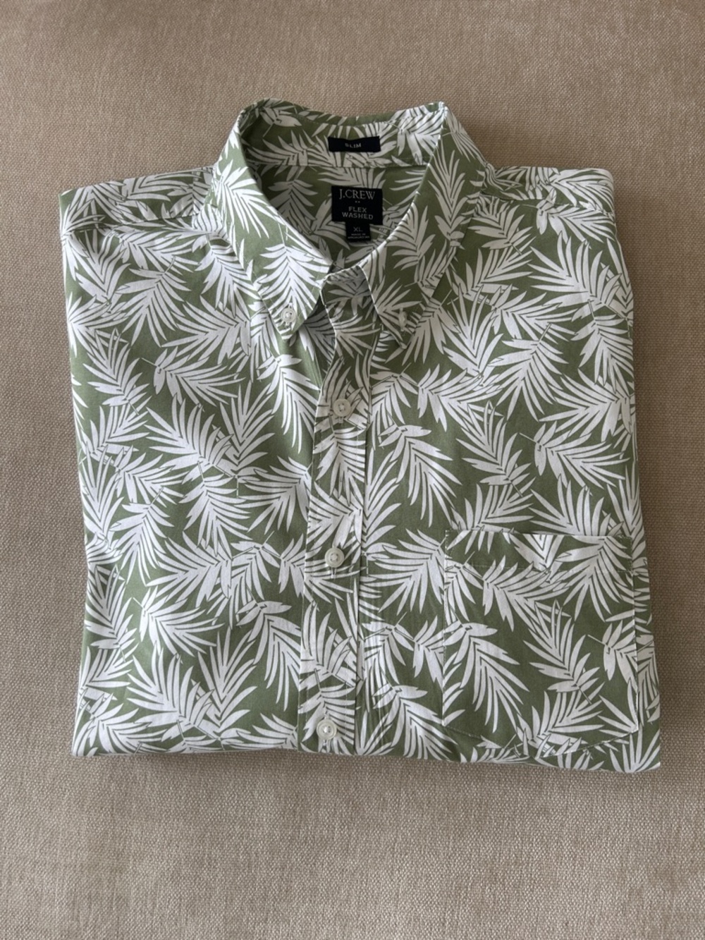 J. Crew Olive Green and White Leaf-Print Short Sleeve Button-Down Shirt